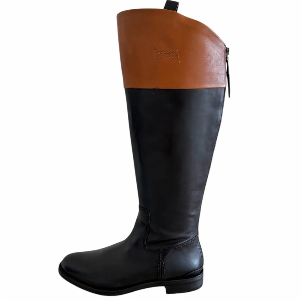 Franco Sarto Meyer Knee High Black Brown Tall Leather Riding Boots Size 10 NWOB